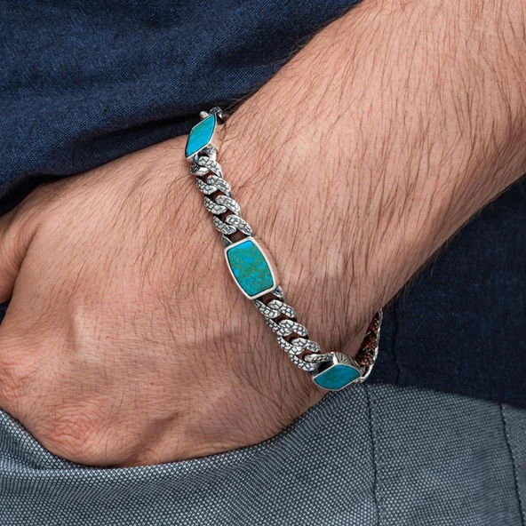 Firuze Taşlı Gurmet 925 Ayar Gümüş Erkek Bileklik Künye - Resim 5