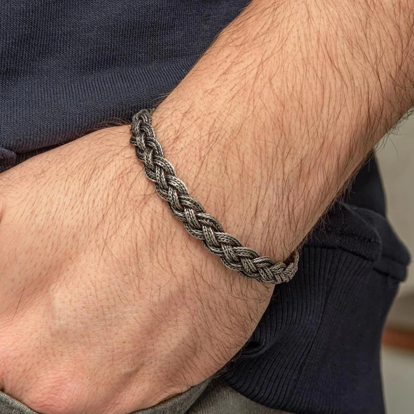 Saç Örgüsü Hasır 925 Gümüş Bileklik Künye ürün görseli 1