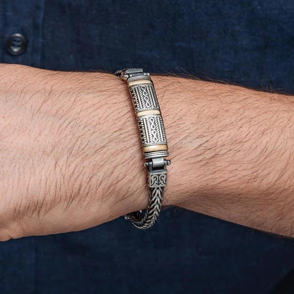 Yeni Tasarım Elişi 925 Ayar Gümüş Erkek Bileklik - 6
