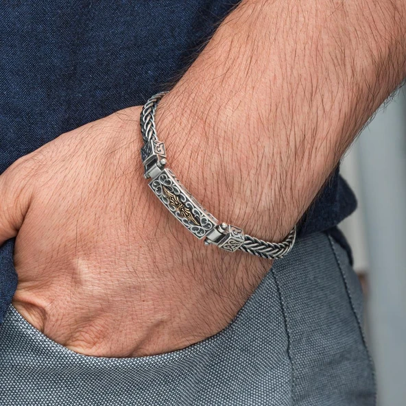 Yeni Tasarım Elişi 925 Ayar Gümüş Erkek Bileklik - Resim 3