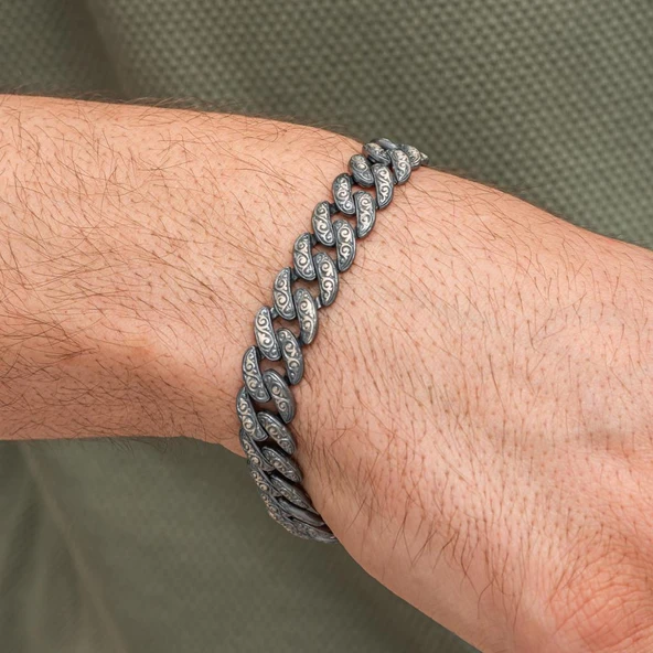 Kalem İşleme Gurmet Zincir 925 Ayar Gümüş Erkek Bileklik - Resim 5