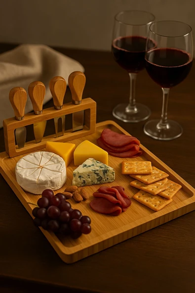 5 Parça Bambu Peynir Sunum Tahtası Seti – Bıçak, Çatal ve Spatulalı Şık Peynir Kesim Panosu - 2
