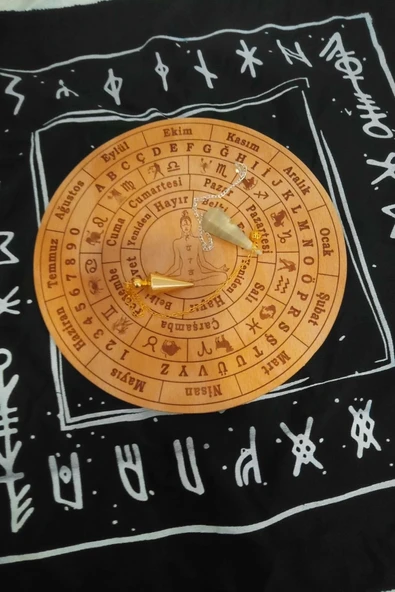 Pandül Sarkaç Tahtası Türkçe Ahşap Sarkaç Örtüsü Pirinç Pandül Doğal Taş Sarkaç Ritüel Set - 3