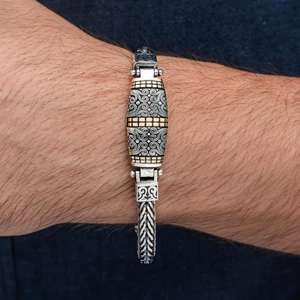 Yeni Tasarım Elişi 925 Ayar Gümüş Erkek Bileklik - 8