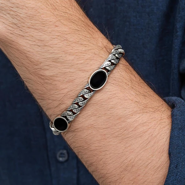 Siyah Oniks Taşlı Gurmet 925 Ayar Gümüş Erkek Bileklik - Resim 8
