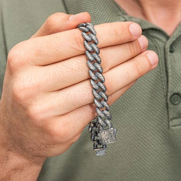 Kalem İşleme Gurmet Zincir 925 Ayar Gümüş Erkek Bileklik - Resim 3