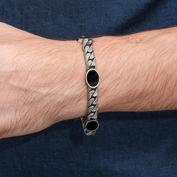Siyah Oniks Taşlı Gurmet 925 Ayar Gümüş Erkek Bileklik - Resim 5