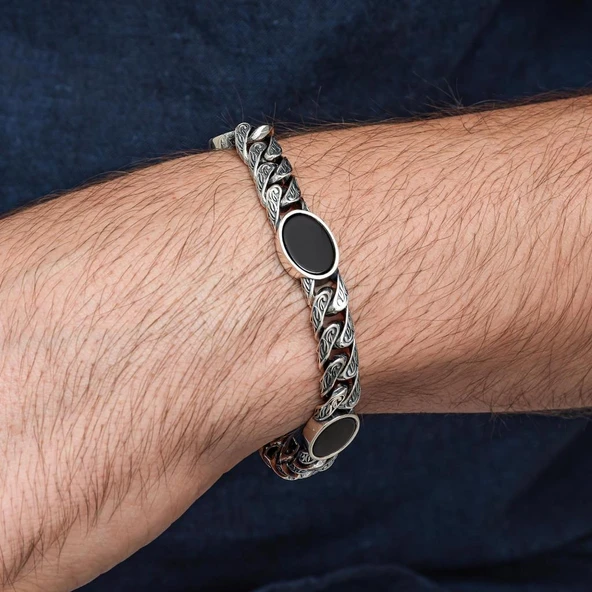 Siyah Oniks Taşlı Gurmet 925 Ayar Gümüş Erkek Bileklik - Resim 4