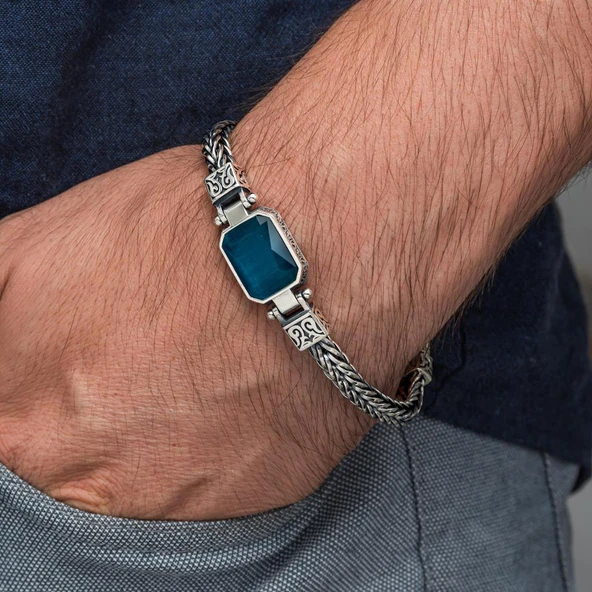 Mavi Taşlı 925 Ayar Gümüş Erkek Bileklik - Resim 2