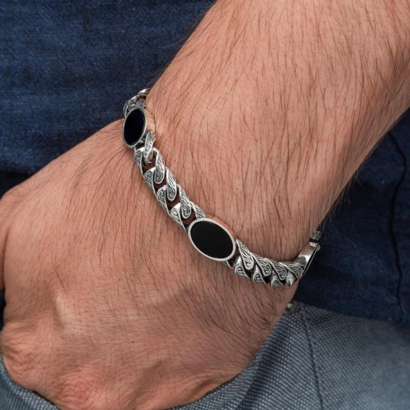 Siyah Oniks Taşlı Gurmet 925 Ayar Gümüş Erkek Bileklik - Resim 7