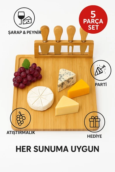 5 Parça Bambu Peynir Sunum Tahtası Seti – Bıçak, Çatal ve Spatulalı Şık Peynir Kesim Panosu - 4