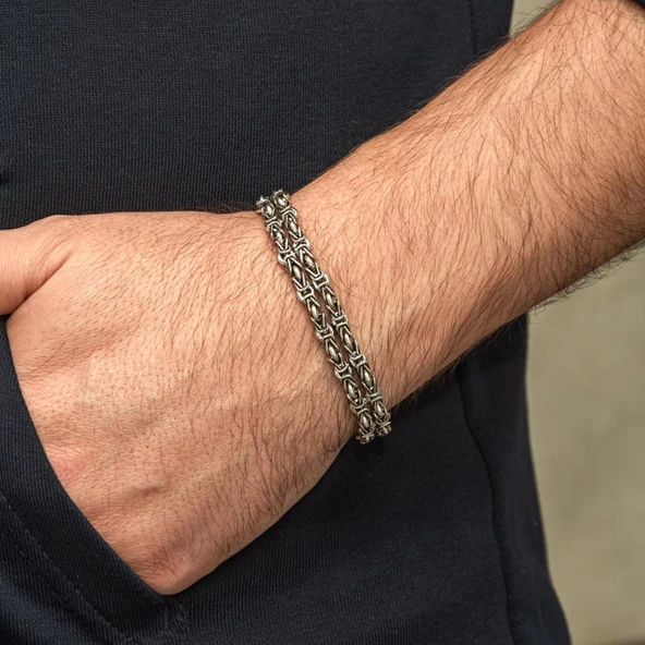 Çift Kral Zincir Desenli 925 Ayar Gümüş Erkek Bileklik - Resim 8