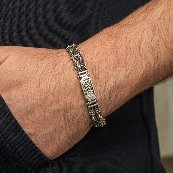 Çift Kral Zincir Desenli 925 Ayar Gümüş Erkek Bileklik ürün görseli 1