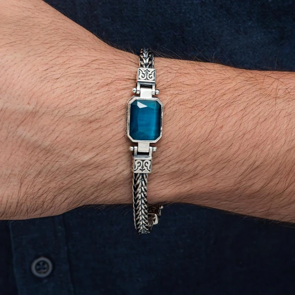 Mavi Taşlı 925 Ayar Gümüş Erkek Bileklik - Resim 5