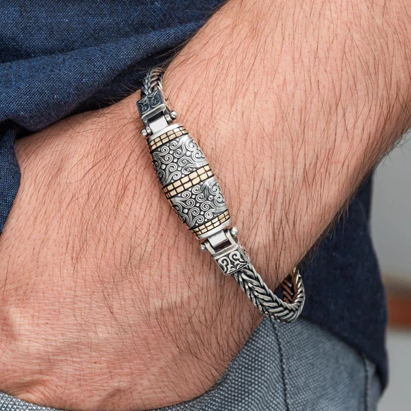 Yeni Tasarım Elişi 925 Ayar Gümüş Erkek Bileklik - 2