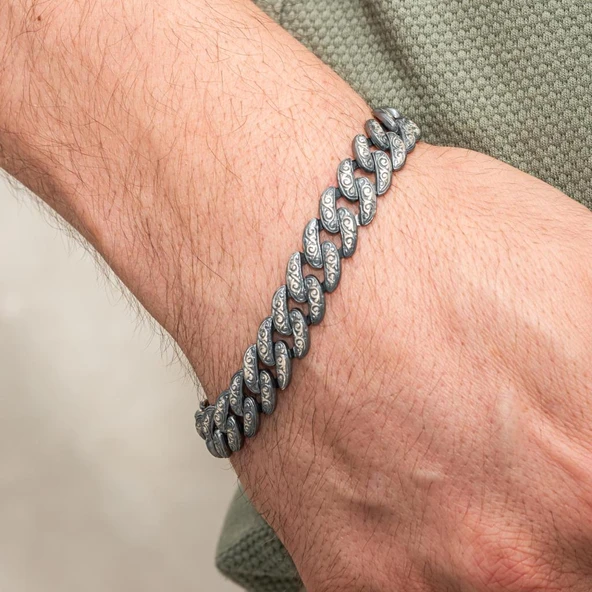 Kalem İşleme Gurmet Zincir 925 Ayar Gümüş Erkek Bileklik - Resim 7