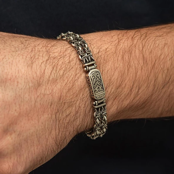 Çift Kral Zincir Desenli 925 Ayar Gümüş Erkek Bileklik - Resim 6
