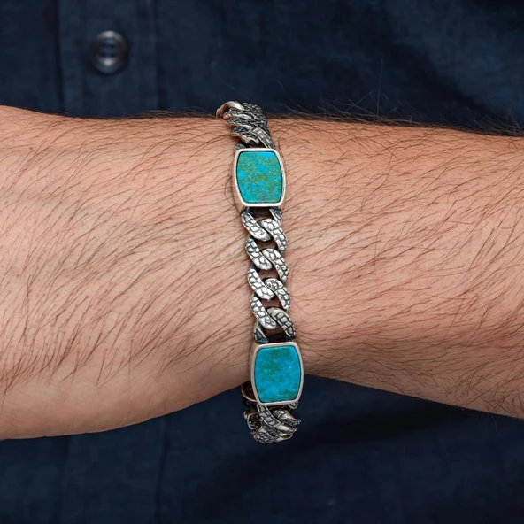 Firuze Taşlı Gurmet 925 Ayar Gümüş Erkek Bileklik Künye - Resim 4