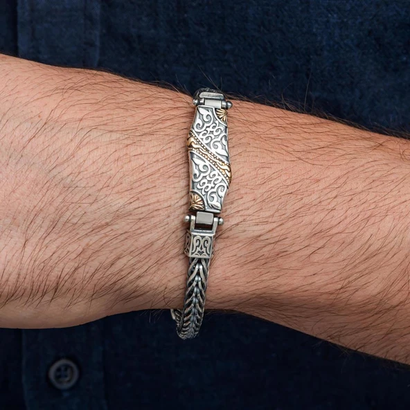 Yeni Tasarım Elişi 925 Ayar Gümüş Erkek Bileklik - Resim 5