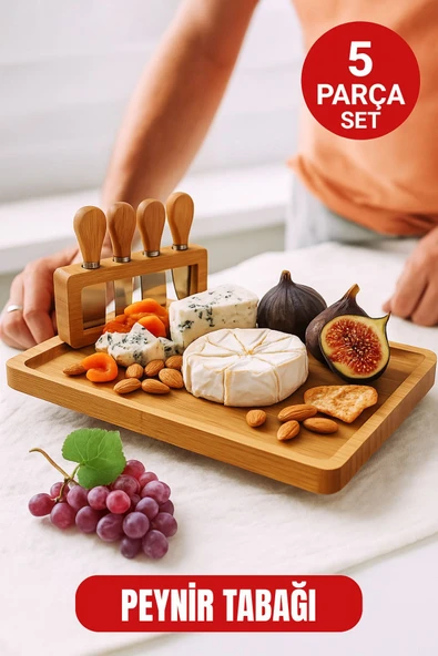 5 Parça Bambu Peynir Sunum Tahtası Seti – Bıçak, Çatal ve Spatulalı Şık Peynir Kesim Panosu