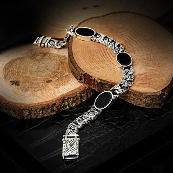 Siyah Oniks Taşlı Gurmet 925 Ayar Gümüş Erkek Bileklik ürün görseli 1