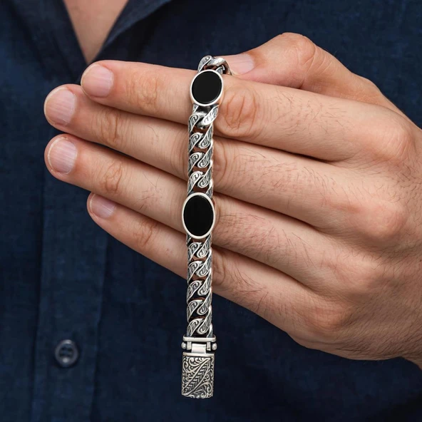 Siyah Oniks Taşlı Gurmet 925 Ayar Gümüş Erkek Bileklik - Resim 2