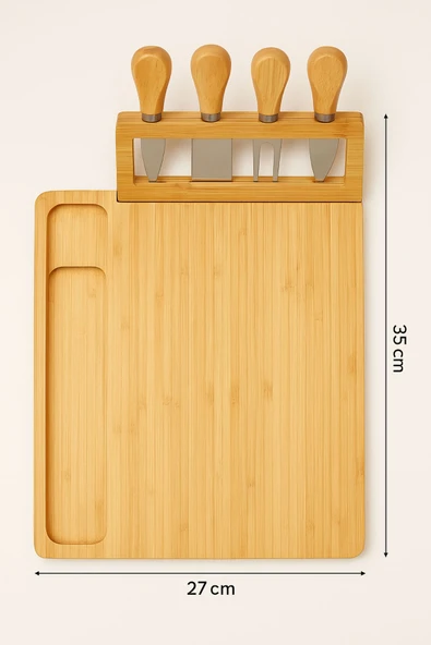 5 Parça Bambu Peynir Sunum Tahtası Seti – Bıçak, Çatal ve Spatulalı Şık Peynir Kesim Panosu - 5