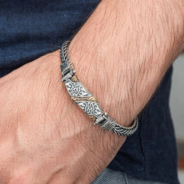 Yeni Tasarım Elişi 925 Ayar Gümüş Erkek Bileklik - Resim 2