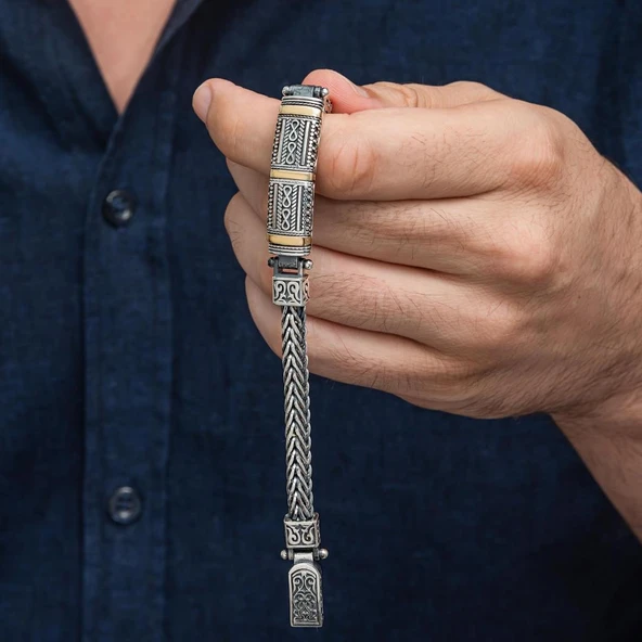 Yeni Tasarım Elişi 925 Ayar Gümüş Erkek Bileklik - 4