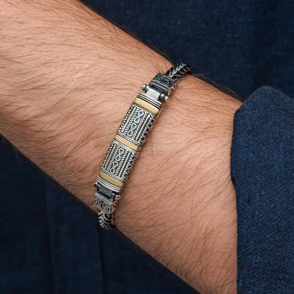 Yeni Tasarım Elişi 925 Ayar Gümüş Erkek Bileklik - 7