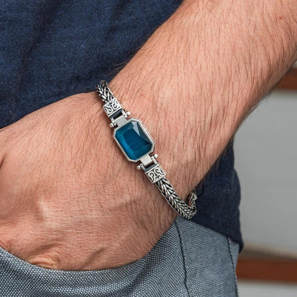 Mavi Taşlı 925 Ayar Gümüş Erkek Bileklik - Resim 7