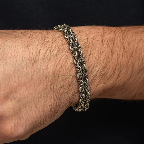 Çift Kral Zincir Desenli 925 Ayar Gümüş Erkek Bileklik - Resim 5
