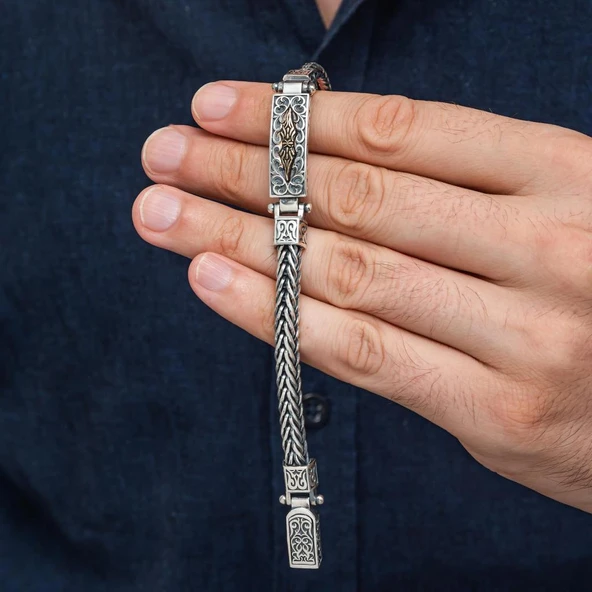 Yeni Tasarım Elişi 925 Ayar Gümüş Erkek Bileklik - Resim 6