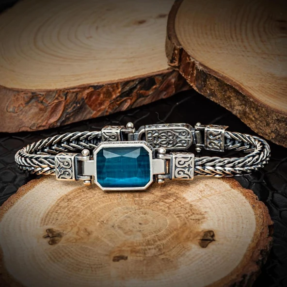 Mavi Taşlı 925 Ayar Gümüş Erkek Bileklik ürün görseli 1