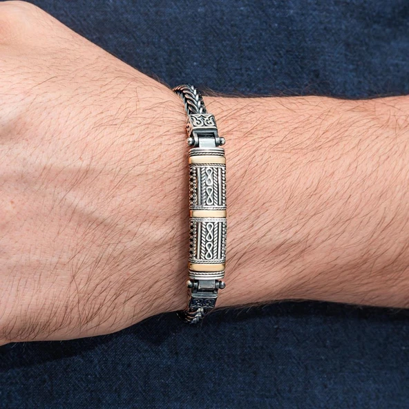 Yeni Tasarım Elişi 925 Ayar Gümüş Erkek Bileklik - 3