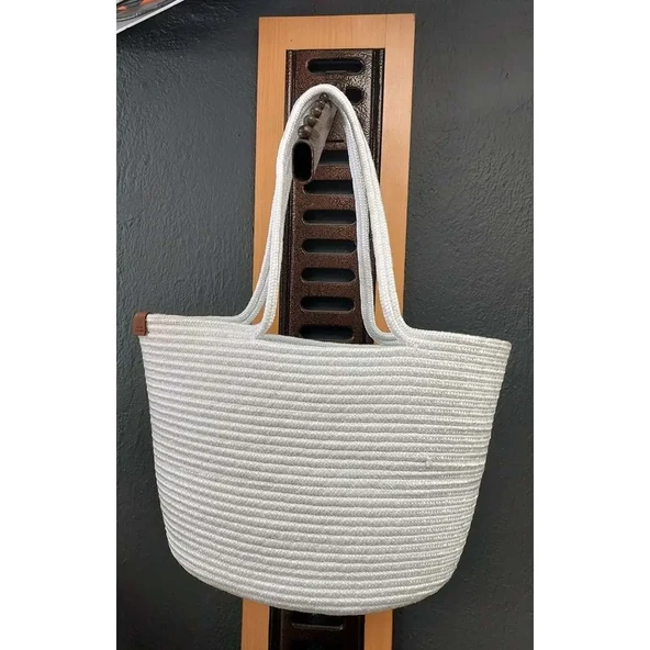 Doğal Hasır Jüt El Örmesi Günlük Kullanım ve Plaj İçin Uygun Bayan Çanta-Beyaz