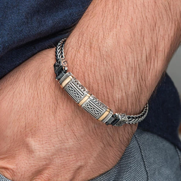 Yeni Tasarım Elişi 925 Ayar Gümüş Erkek Bileklik - 2