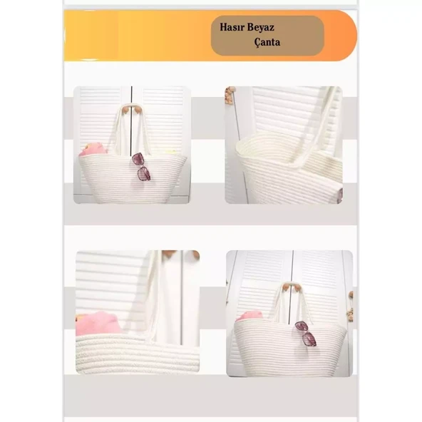 Doğal Hasır Jüt El Örmesi Günlük Kullanım ve Plaj İçin Uygun Bayan Çanta-Beyaz - 3
