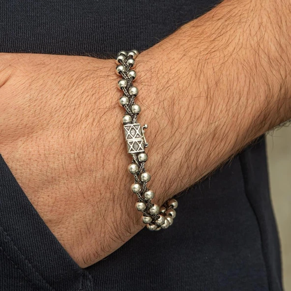 Top Suyolu Motif 925 Ayar Gümüş Erkek Bileklik ürün görseli 1