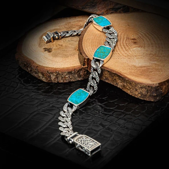 Firuze Taşlı Gurmet 925 Ayar Gümüş Erkek Bileklik Künye ürün görseli 1