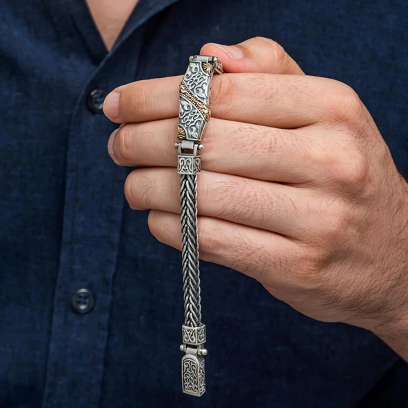 Yeni Tasarım Elişi 925 Ayar Gümüş Erkek Bileklik - Resim 3