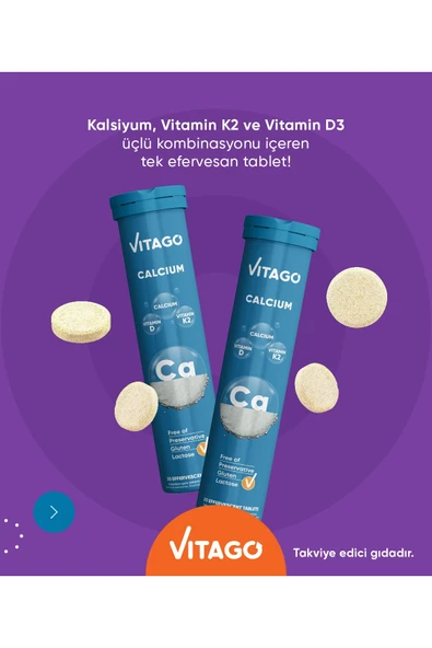 Vitago 2'li Paket- Kalsiyum, D3, K2 Vitamini Içeren Efervesan Tablet - Resim 2