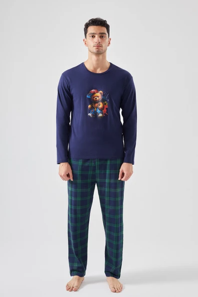 Erkek Pamuklu Ayıcık Baskılı Ekoseli Cepli Pijama Takımı - 2