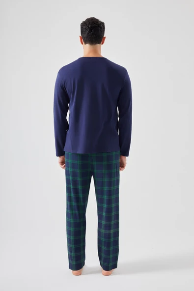 Erkek Pamuklu Ayıcık Baskılı Ekoseli Cepli Pijama Takımı - 3