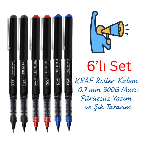 Kraf Roller Kalem 0.7 300G Mavi Kırmızı Siyah 6’lı Set