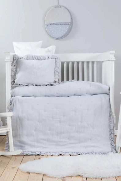 Royale Gri %100 Pamuk Müslin Nakışlı Private Bebek Yorgan Seti ürün görseli
