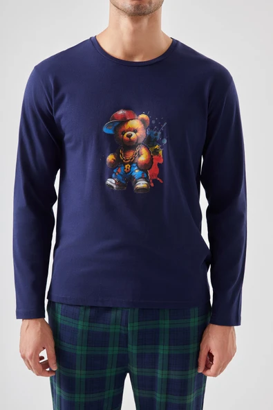 Erkek Pamuklu Ayıcık Baskılı Ekoseli Cepli Pijama Takımı - 4