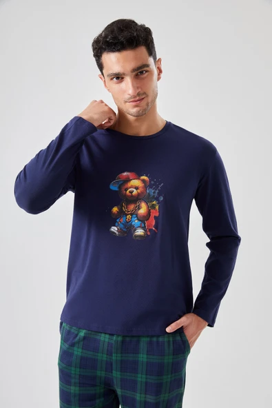 Erkek Pamuklu Ayıcık Baskılı Ekoseli Cepli Pijama Takımı - 1