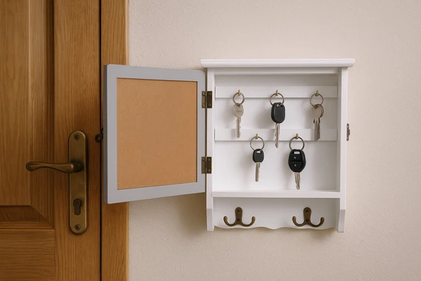 Dekoratif Gri Çerçeveli Ahşap Anahtarlık Kutusu – Kapaklı Duvar Tipi Askılık "Home" Yazılı BR-6635 - 2