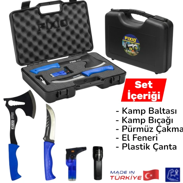FIXIO 5’li Kamp Seti – Kamp Baltası, Kamp Bıçağı, El Feneri, Pürmüz Çakmak ve Plastik Çanta | Outdoo - 1